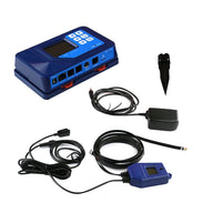 Aqua-X NFS-1 irrigation controller with accessories: digital display unit, sensors, cables, power adapter, and stake.