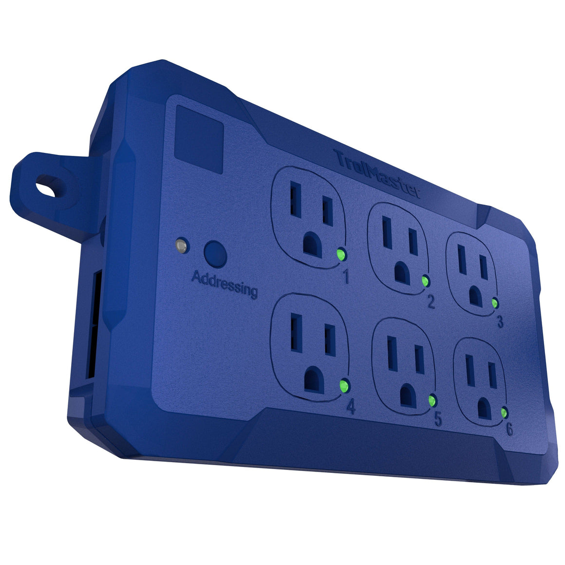 A blue TrolMaster power strip with six outlets, each with a green indicator light, and "Addressing" text.