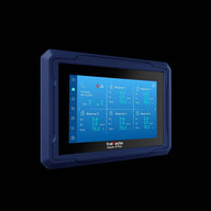 TrolMaster Aqua-X Plus irrigation controller displays reservoir data, date, time, and icons on a blue touchscreen.