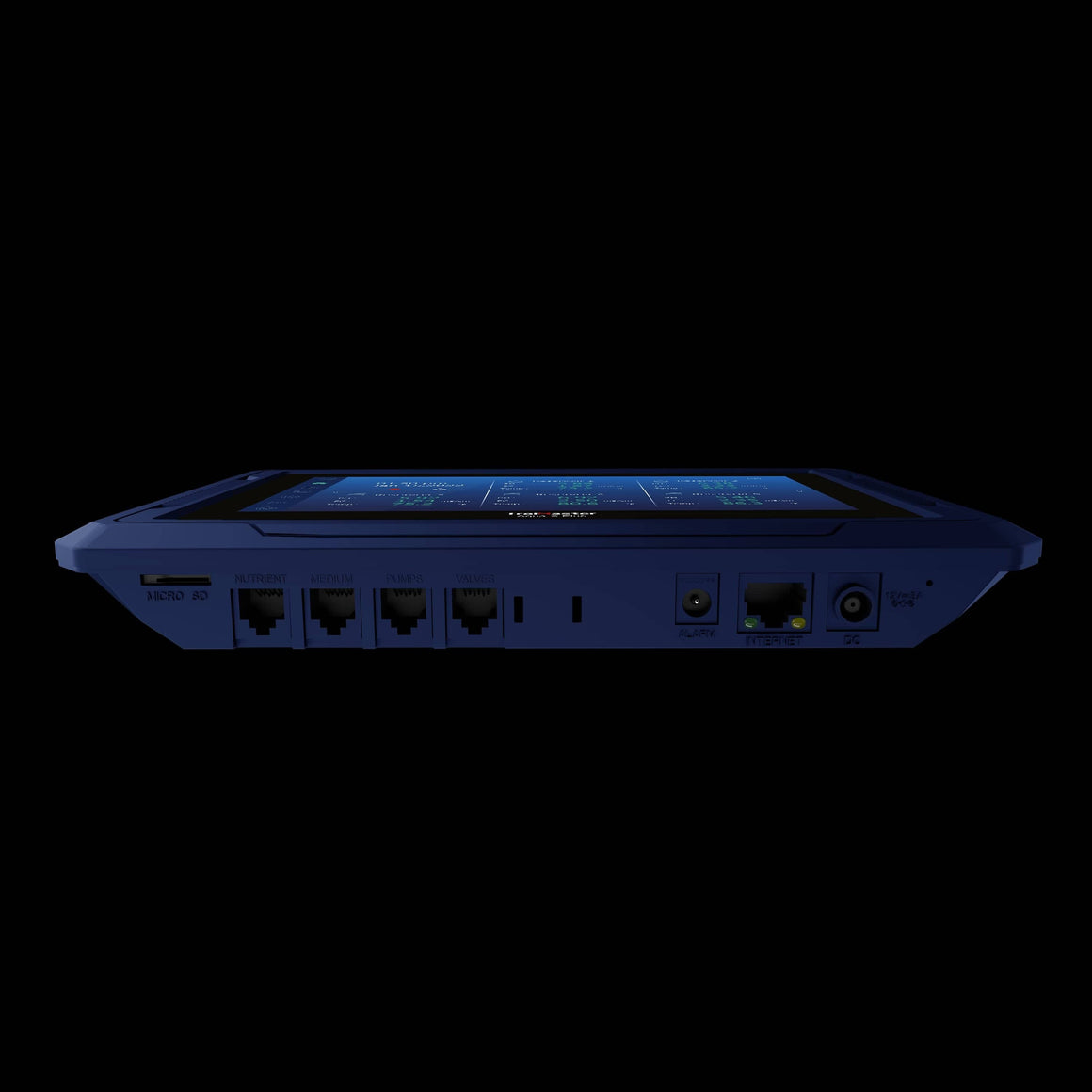 Blue TrolMaster Aqua-X Plus irrigation controller with screen and ports for micro SD, nutrient, medium, pumps, valves, alarm, internet, and DC power.