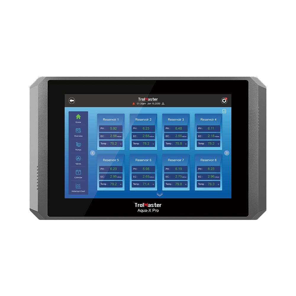 Trolmaster Aqua-X Pro irrigation controller showing PH, EC, and Temp for 8 reservoirs on a touchscreen.