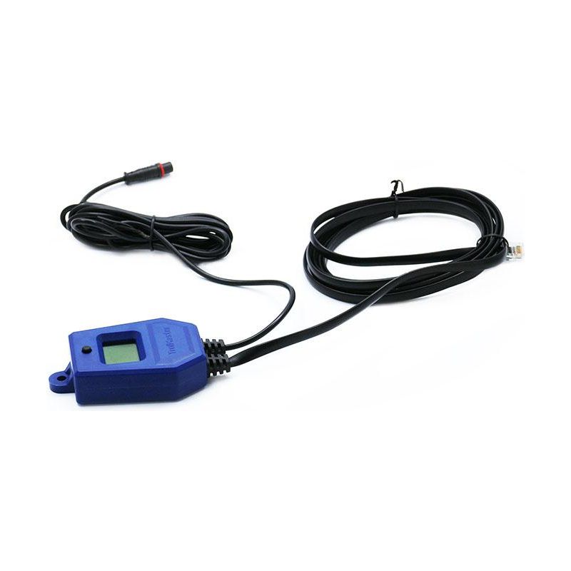Blue water detector device with two black cables and a screen.