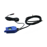 Blue water detector device with two black cables and a screen.