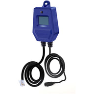 Blue TrolMaster Aqua-X water detector with screen, dangling black cables, and RJ11 and proprietary connectors.