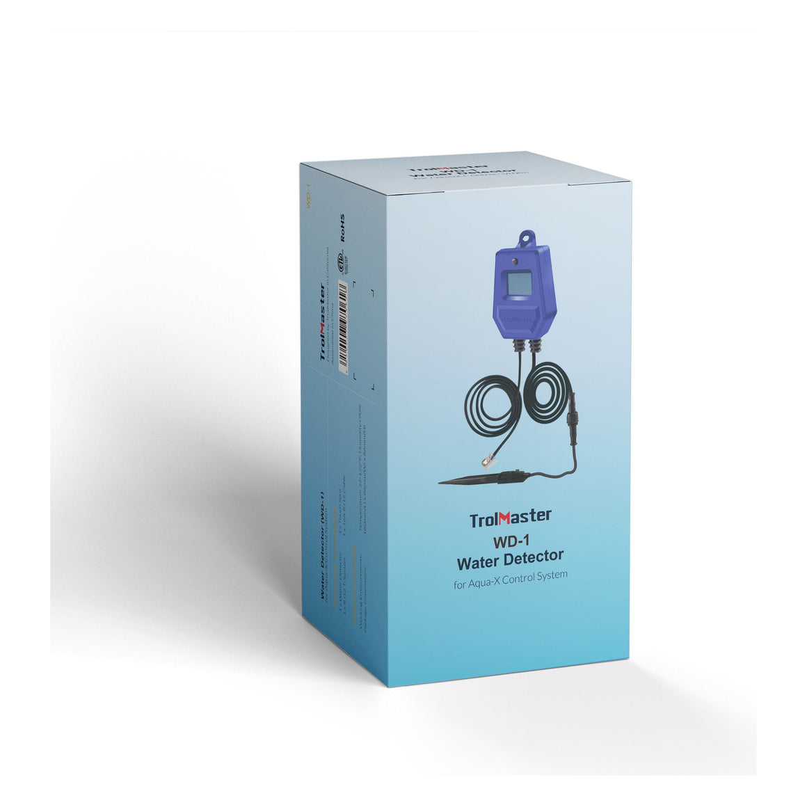 TrolMaster WD-1 water detector box with a blue device, black cable, and sensor probe.