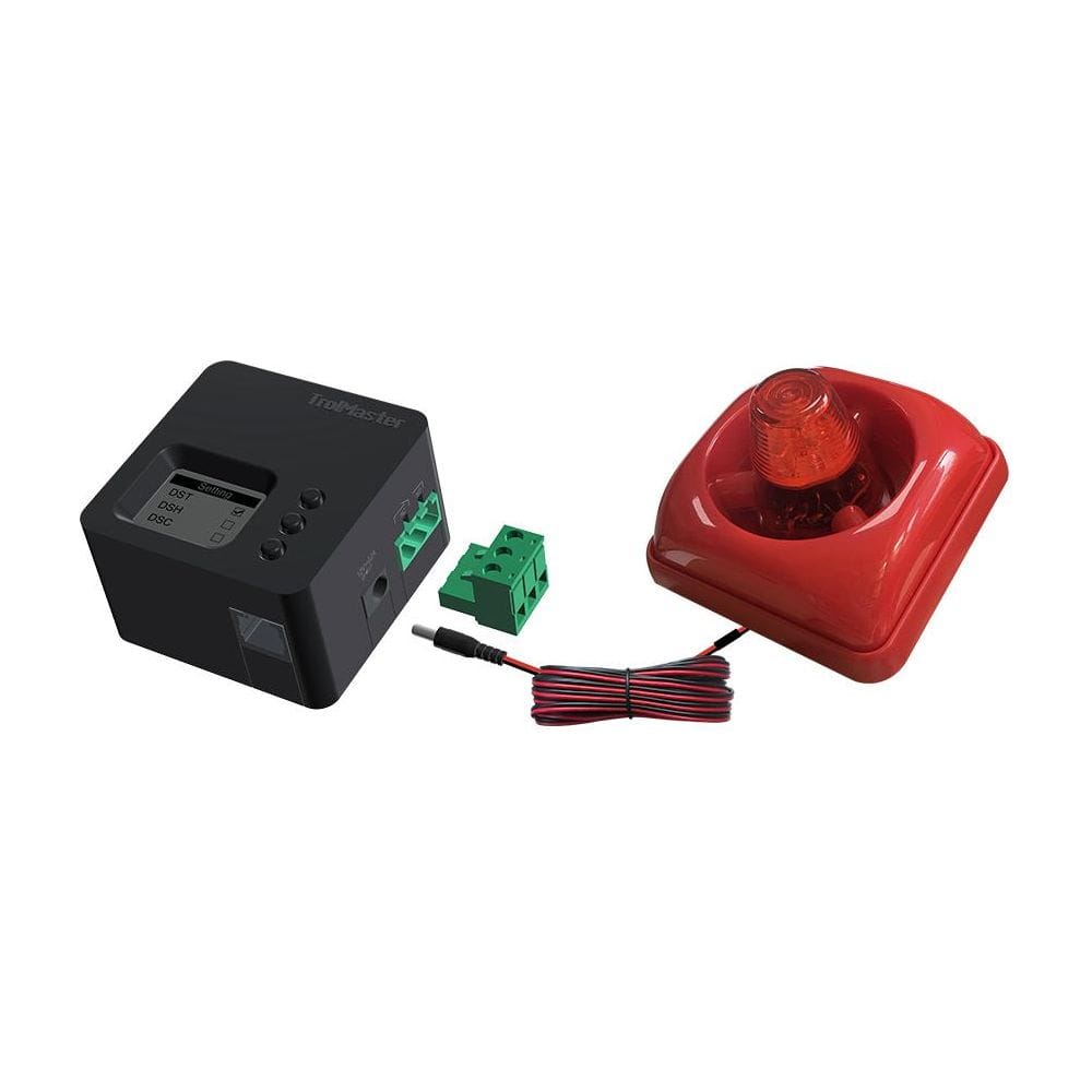 Black TrolMaster CO2 alarm station with red siren, green connector, and wires.
