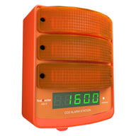 Orange CO2 alarm station with three amber lights and a digital display reading 8.8.1600.