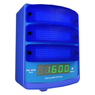 Blue CO2 alarm station with digital display showing 