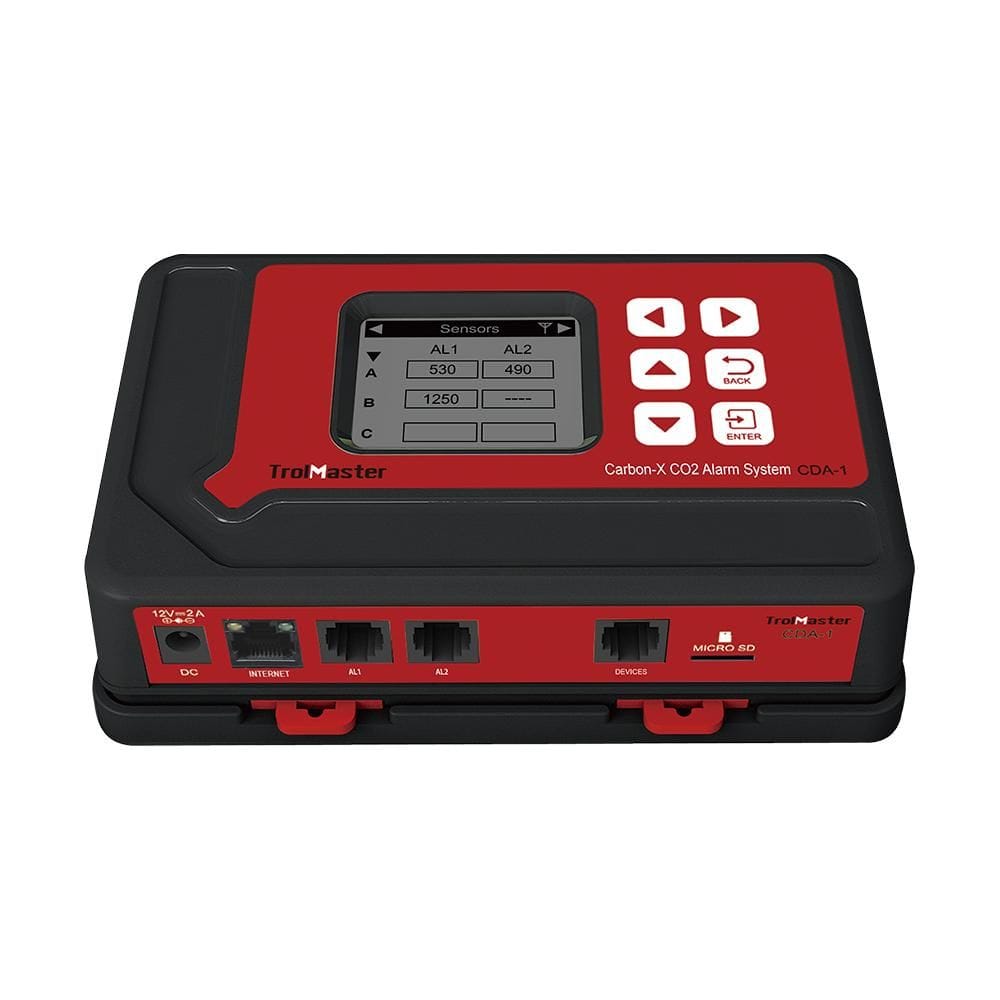 TrolMaster Carbon-X CDA-1 CO2 alarm system: front view with display and ports.