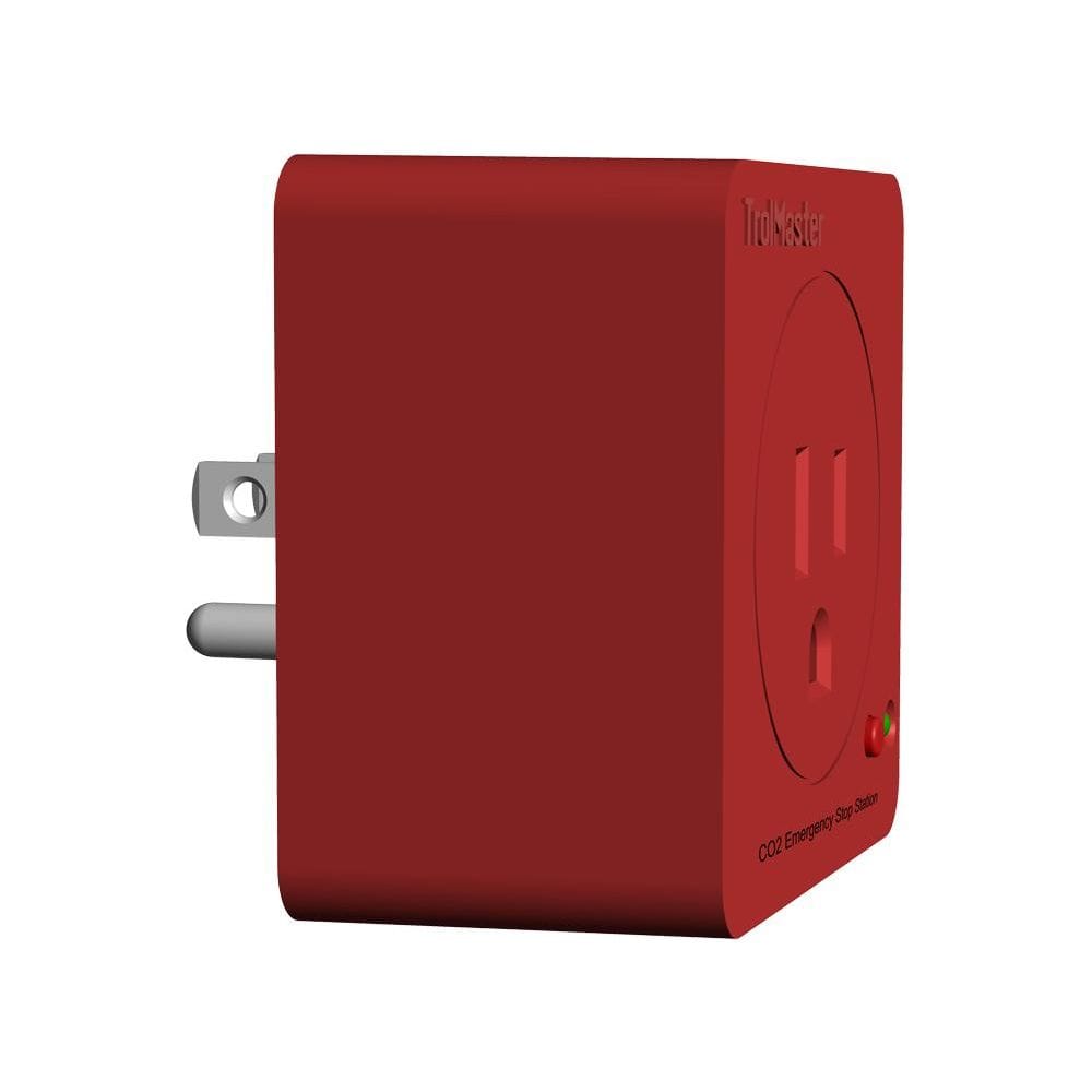 Red TrolMaster CO2 Emergency Stop Station with a two-pronged plug and a single outlet.