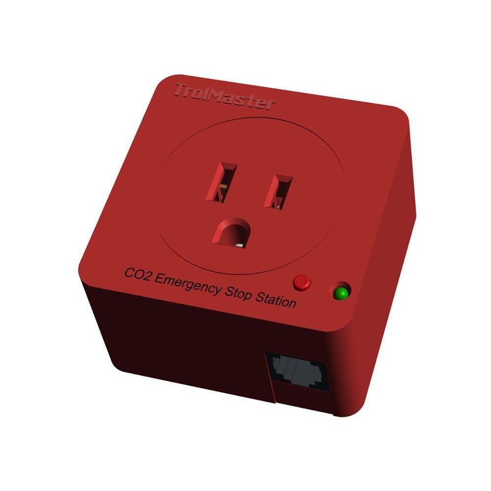 Red TrolMaster CO2 Emergency Stop Station with outlet, RJ45 port, and indicator lights.