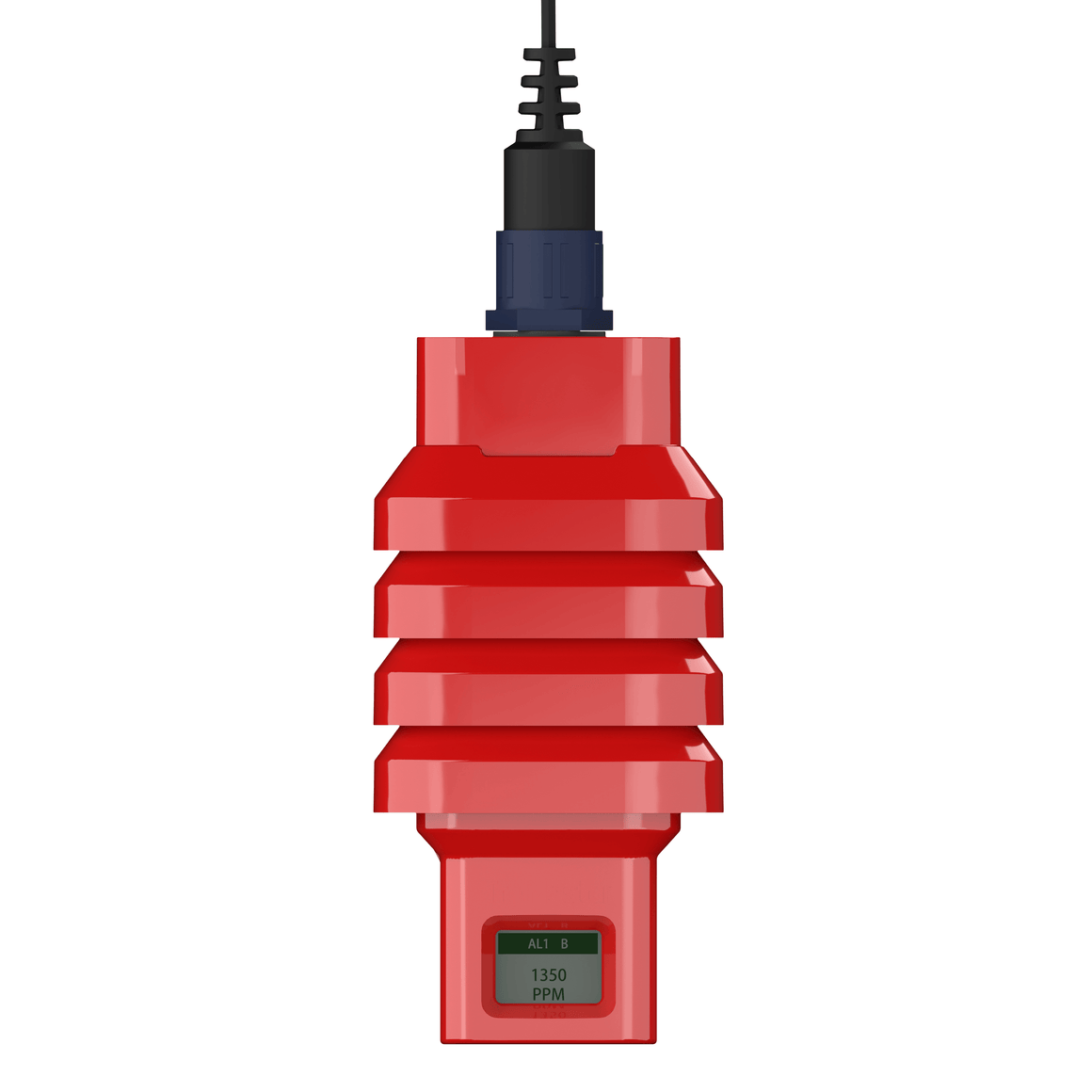 Red CO2 sensor with a digital display showing "AL1 B 1350 PPM".