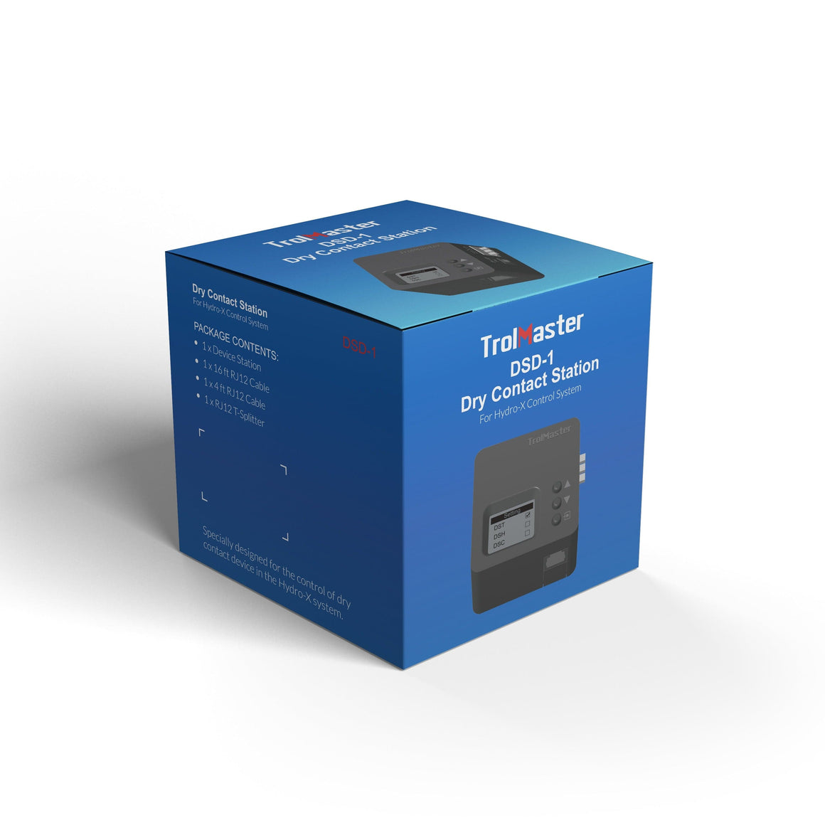 Blue box for TrolMaster DSD-1 Dry Contact Station with product details and image of device.