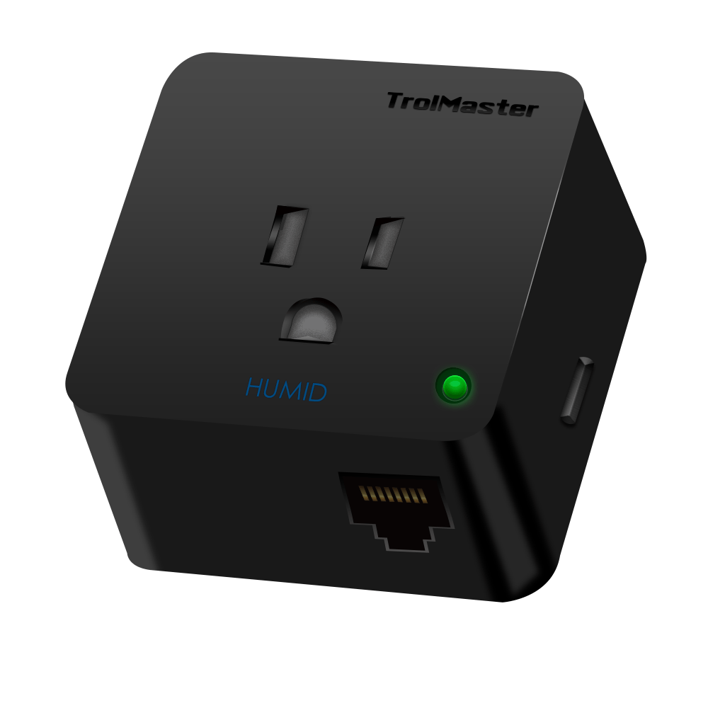 Black TrollMaster humidity device with a green light and an Ethernet port.