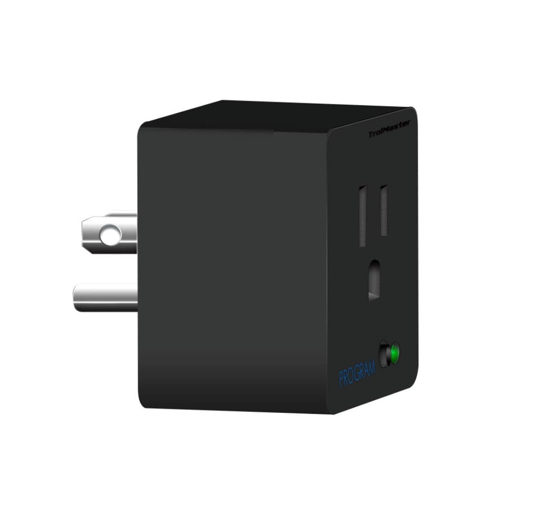 Black TrolMaster DSP-1 smart plug with programming button and indicator light.