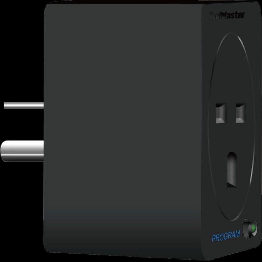 Black TrolMaster DSP-2 240V programmable timer with an outlet and prongs.