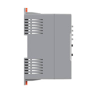Grey relay station with orange accents, vents, and round buttons, shown from the side.