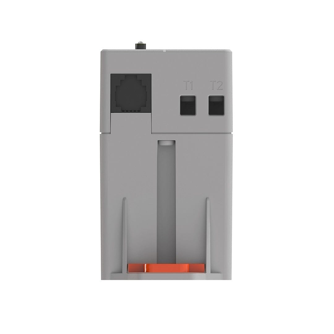 Gray relay station with RJ45 port and two square indicator lights labeled "T1" and "T2".