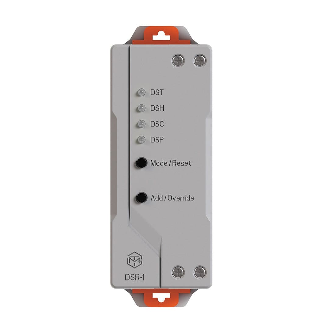 Trolmaster DSR-1 relay station with LED indicators for DST, DSH, DSC, DSP, Mode/Reset, and Add/Override.