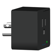 Black TrolMaster smart plug with two prongs, outlet, green light, and 