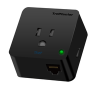 Black TrolMaster DST-1 smart plug with temperature sensor and Ethernet port.