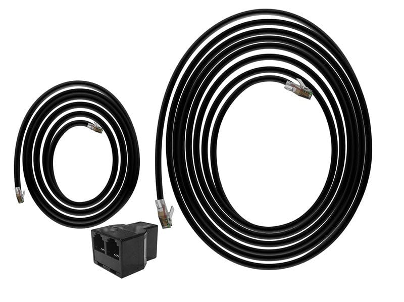 RJ12 cable splitter kit with two black coiled cables and a black splitter box.