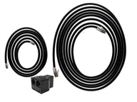 RJ12 cable splitter kit with two black coiled cables and a black splitter box.