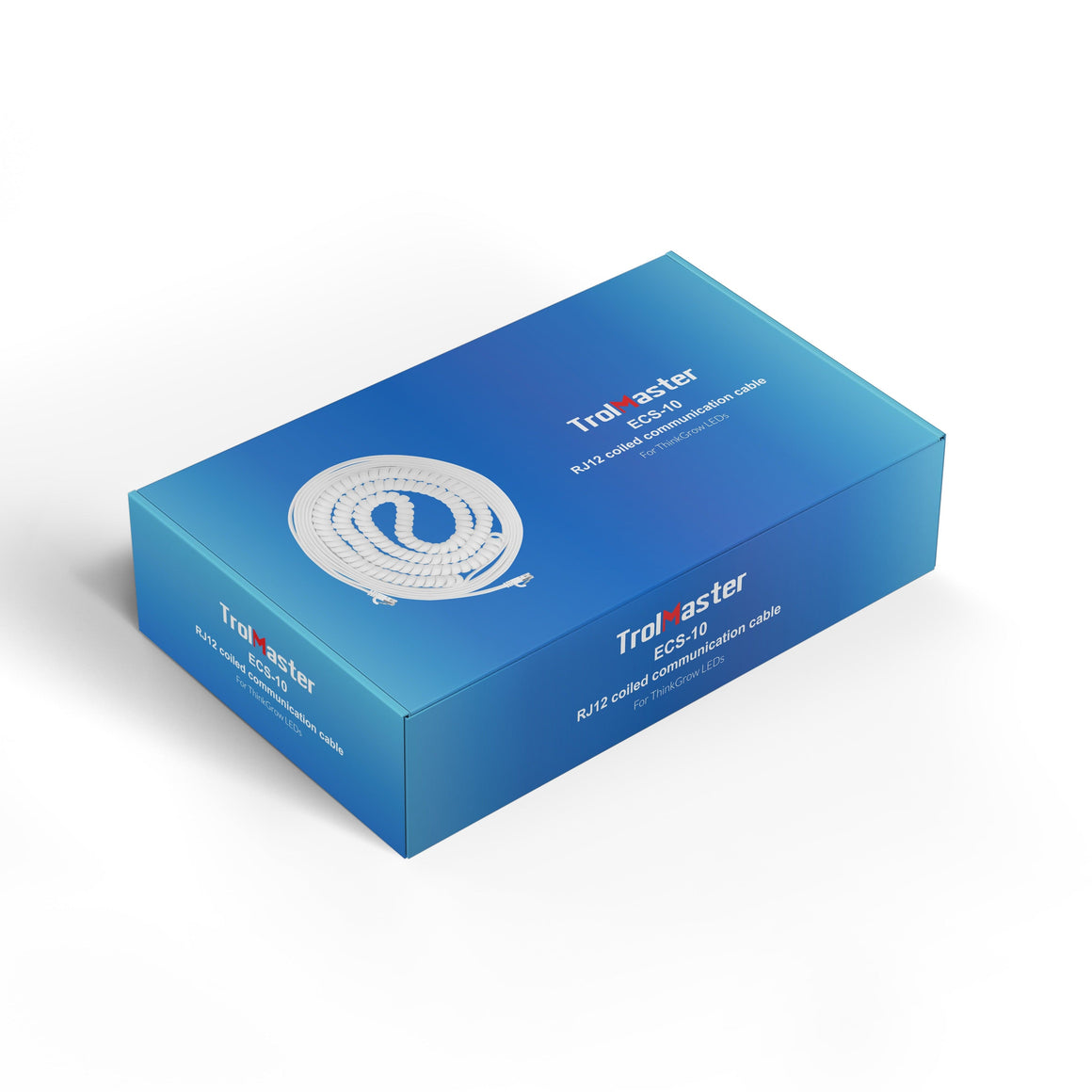 A coiled white RJ12 communication cable is shown on a blue Trollmaster ECS-10 box.