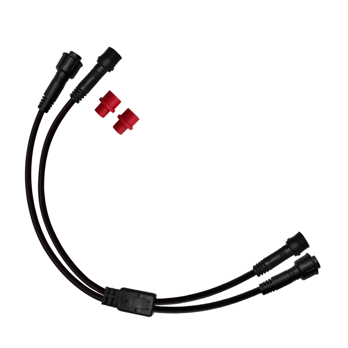Black Y-splitter cable with two female connectors and two male connectors, and two red caps, on a green background.
