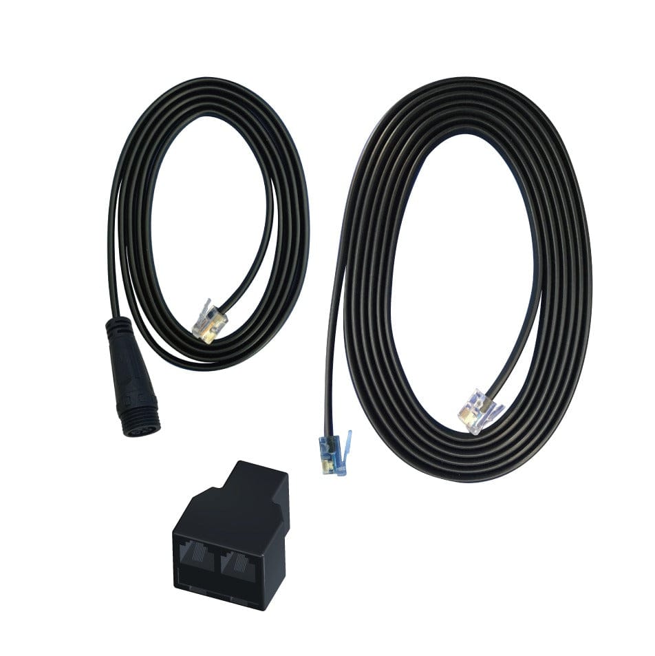 Black waterproof cable kit with two coiled cables, RJ45 connectors, and a split adapter.