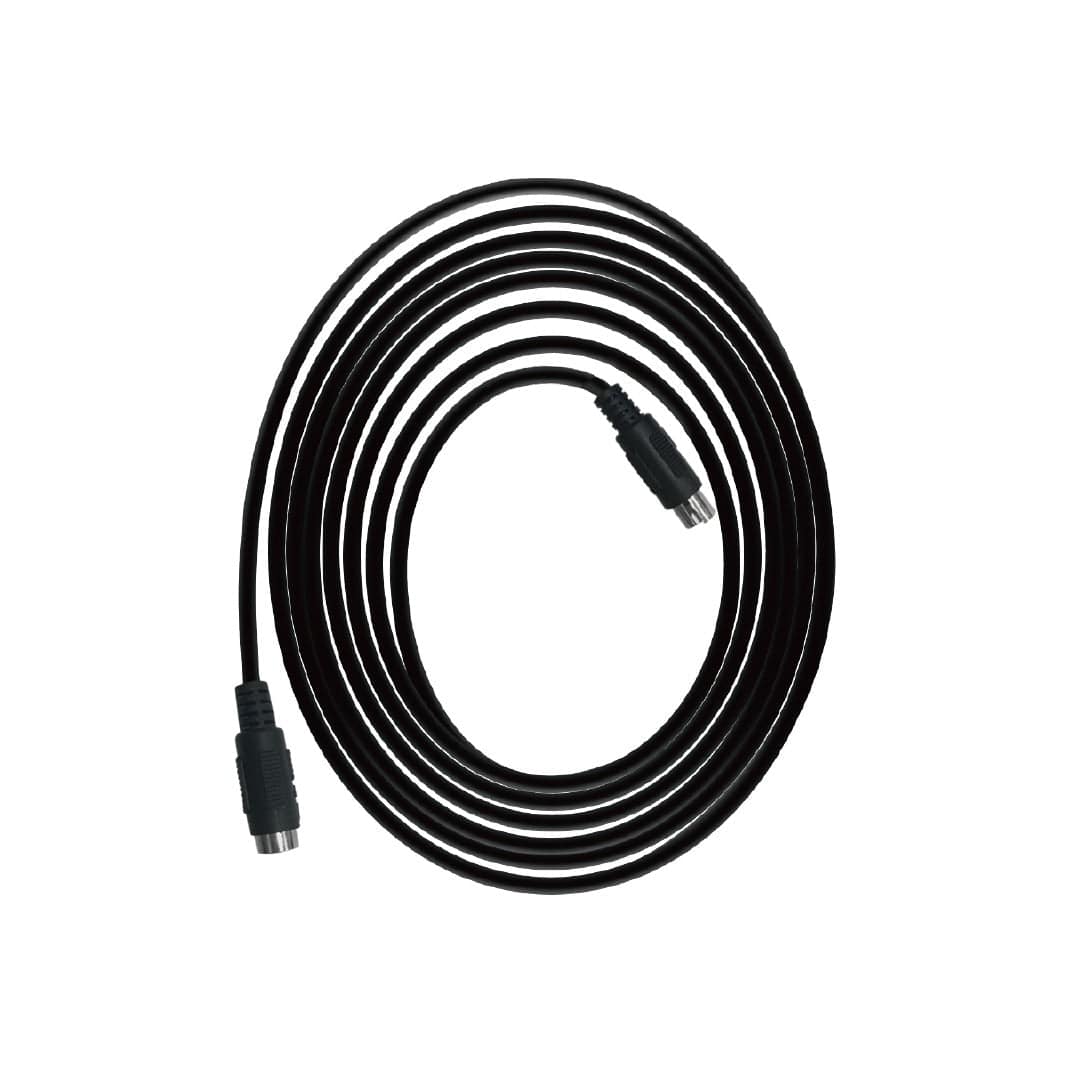 Black coiled extension cable with two mini-DIN connectors on a white background.