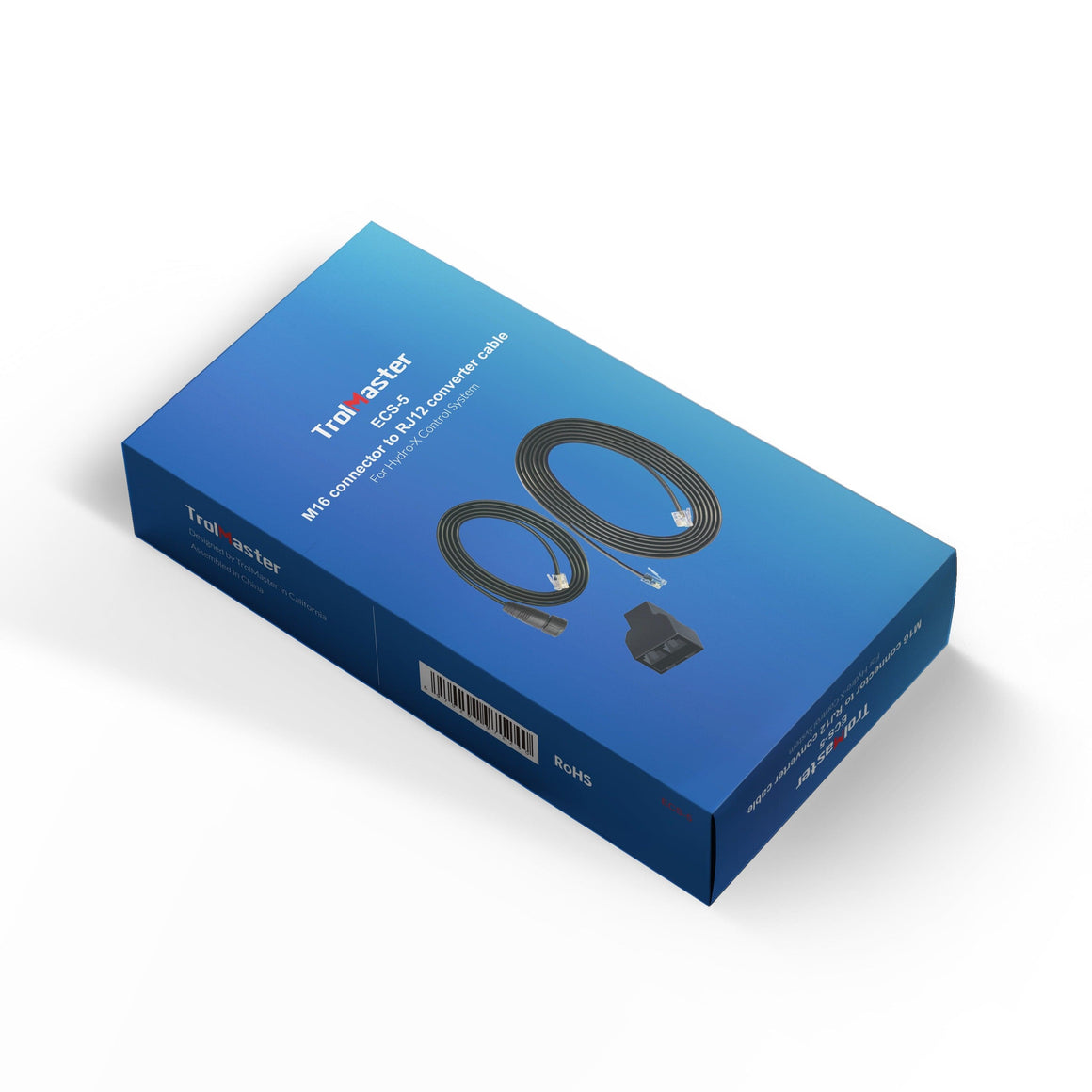 Trolmaster ECS-5 M16 to RJ12 converter cable for Hydro-X control system on blue box.
