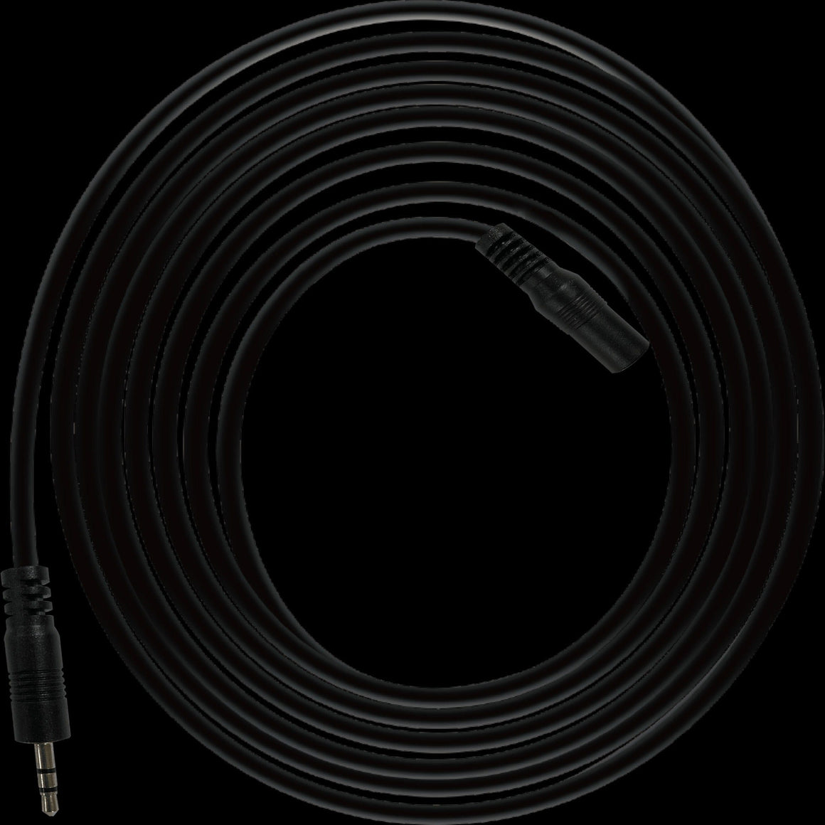 Black IR emitter extension cable with 3.5mm stereo plugs on both ends, coiled.
