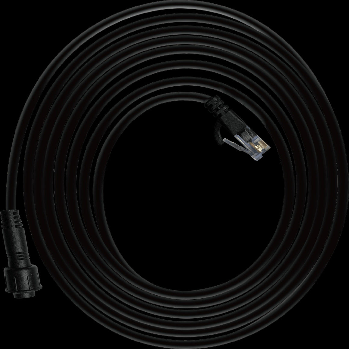 Black coiled cable with RJ12 connector on one end and a 4-pin IP65 connector on the other.