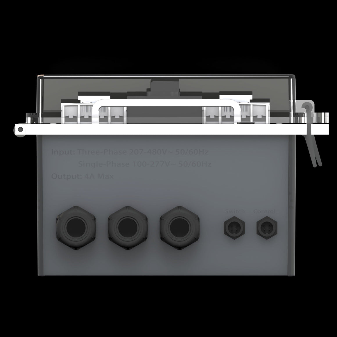 TrolMaster AMC-1 curtain motor controller with input/output specifications and connectors on black background.