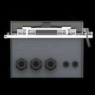 TrolMaster AMC-1 curtain motor controller with input/output specifications and connectors on black background.