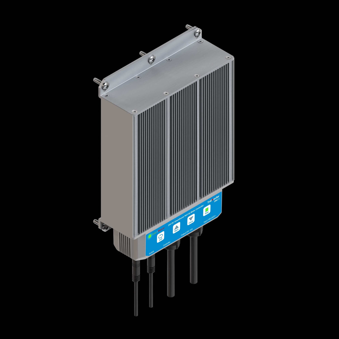 Trolmaster DMC-1 24V DC greenhouse roll-up motor controller with buttons for open, close, stop, and add.