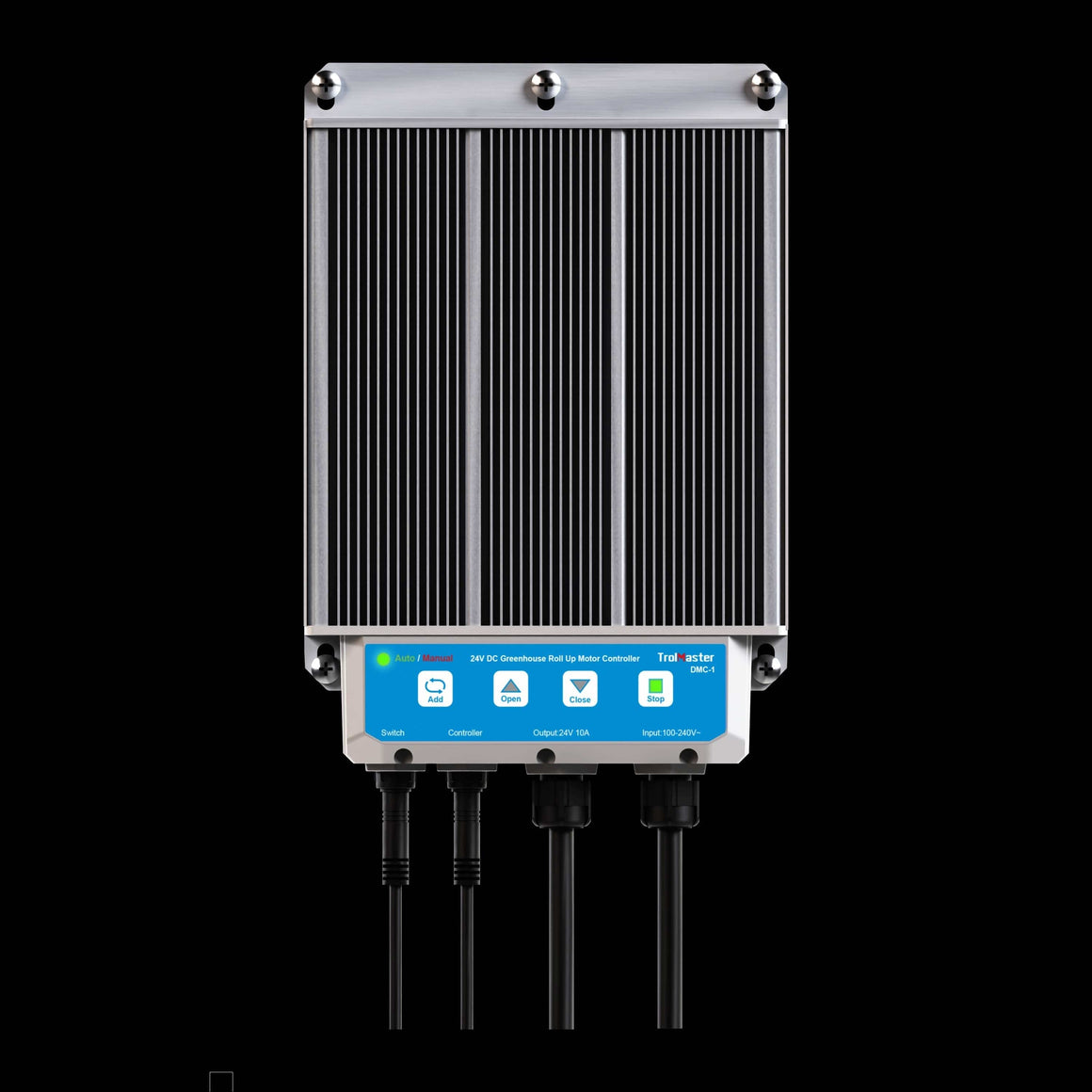 TrolMaster DMC-1 greenhouse roll-up motor controller with buttons for Add, Open, Close, and Stop.