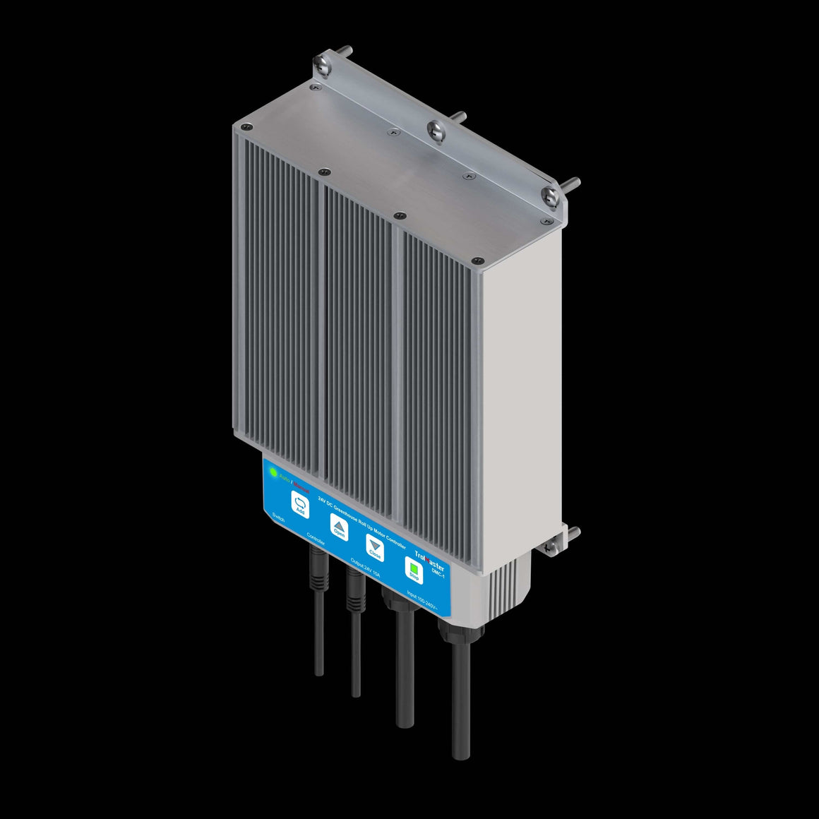 TrolMaster DMC-1 24V DC greenhouse roll-up motor controller with various buttons and indicators on a blue label.