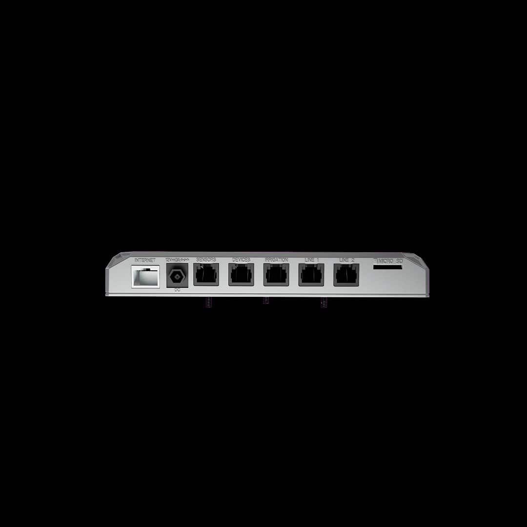 Green X GCS-1 greenhouse controller with labeled ports: Internet, DC, Sensors, Devices, Irrigation, Line 1, Line 2, and Micro SD.