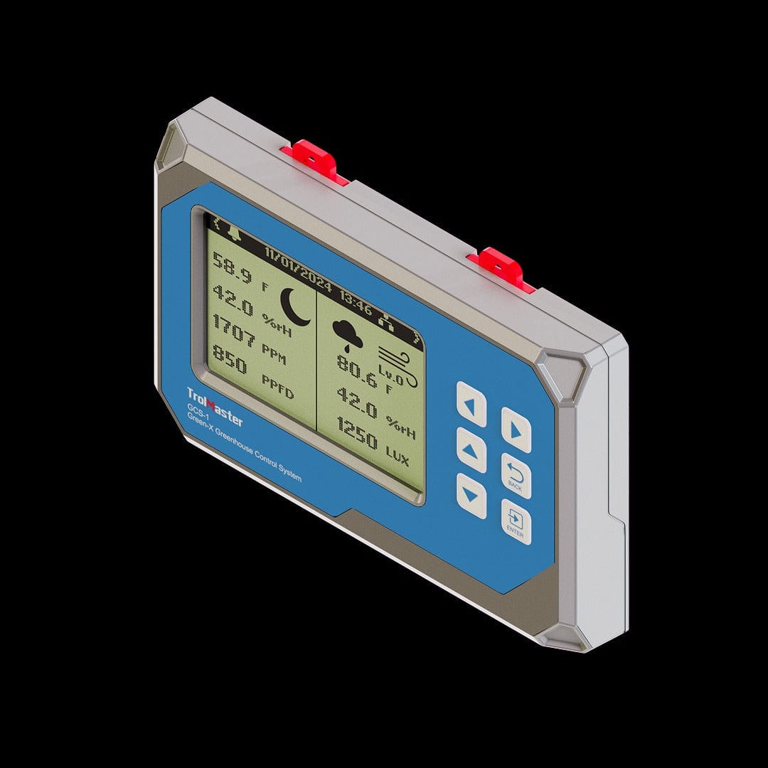 TrolMaster GCS-1 Greenhouse Controller with digital display showing temperature, humidity, CO2, and light.
