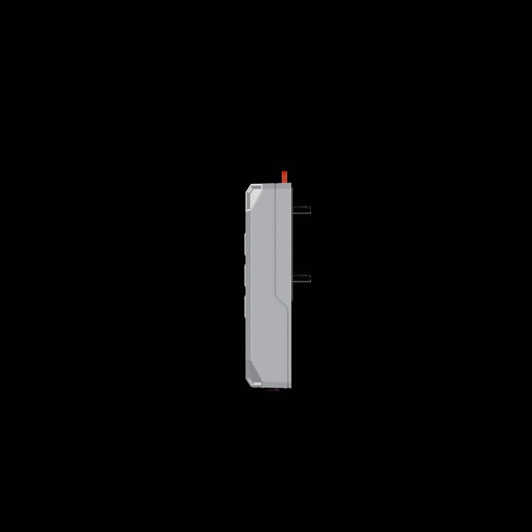 A grey greenhouse controller with a red indicator light and two black connectors against a black background.