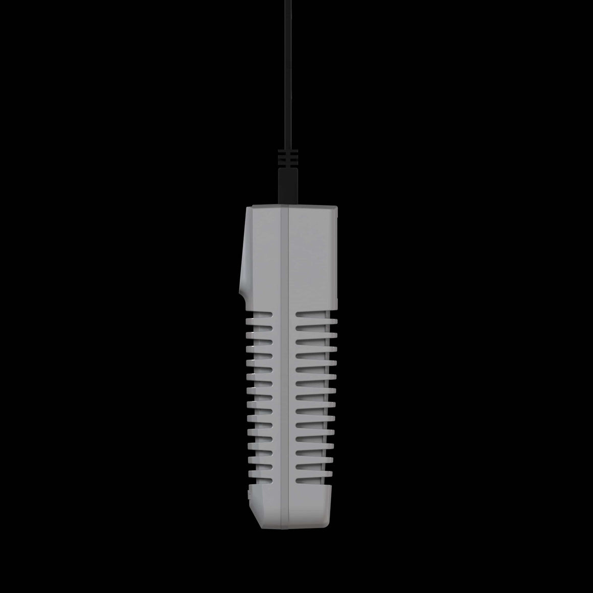 Side view of a grey 4-in-1 greenhouse climate sensor with ventilation slots and a black cable.