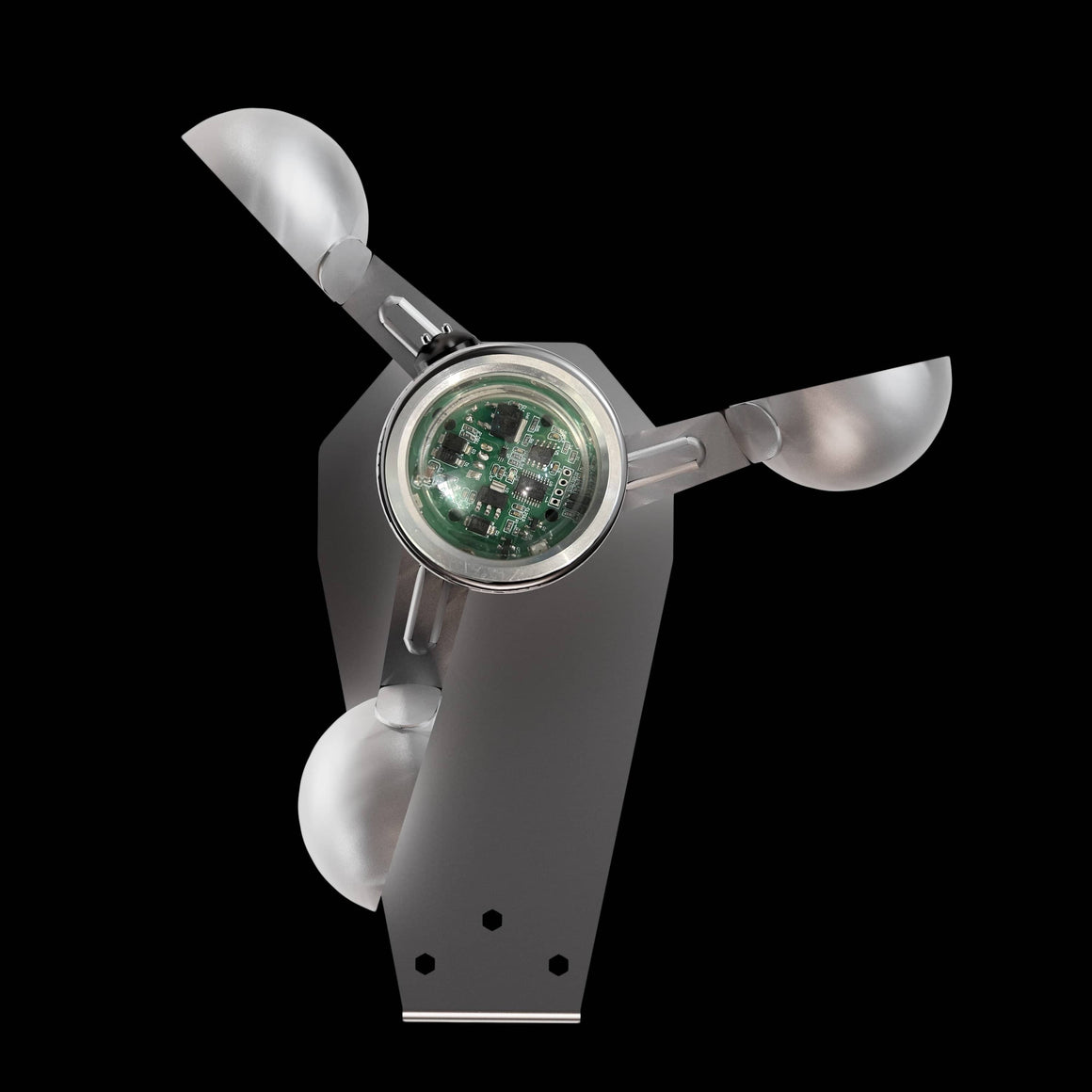 Silver anemometer with three cups and a visible circuit board, set against a black background.
