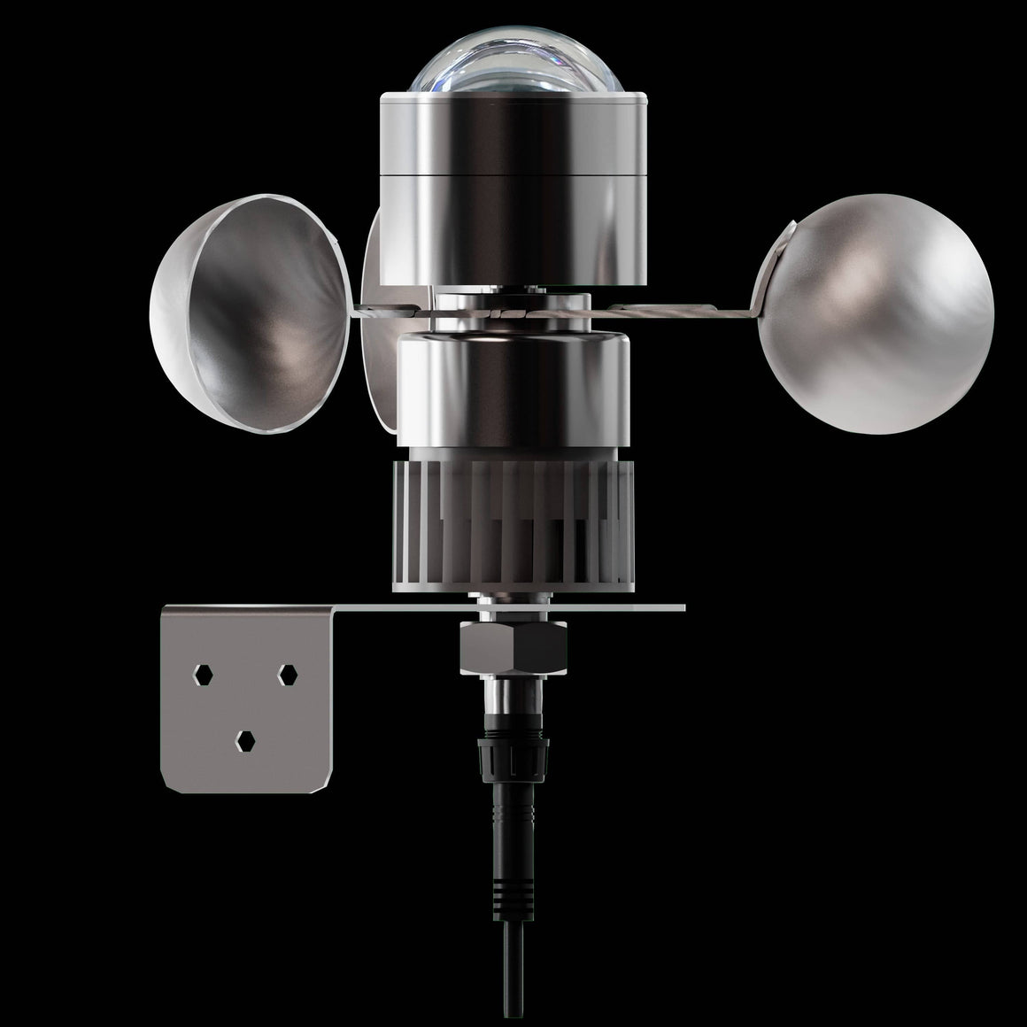 A chrome anemometer and wind vane sensor with a mounting bracket.