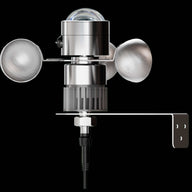 A silver weather station sensor with a clear dome on top, cups on the side, and a bracket.