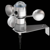 Outdoor weather station sensor with anemometer cups, wind vane, and clear dome on black background.
