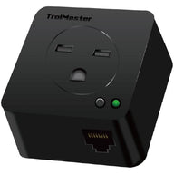 Black TrollMaster Hydro-X humidity device station with outlet, buttons, green light, and Ethernet port.