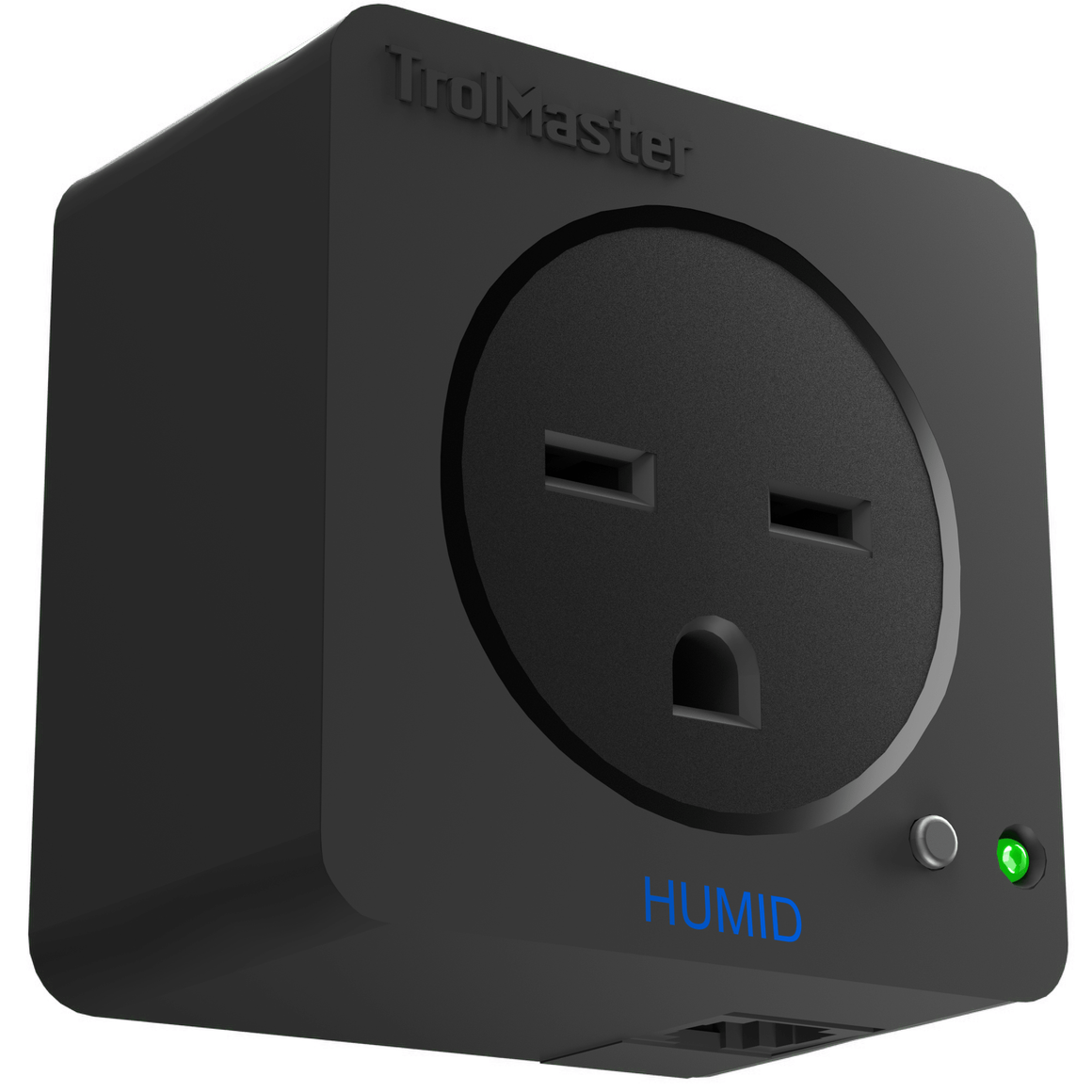 Black "TrolMaster Hydro-X" humidity controller with an outlet, button, and green LED.