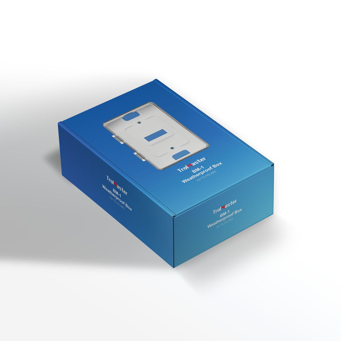 TrolMaster BM-1 weatherproof box cover for TS, HS, ARS devices on a blue box.